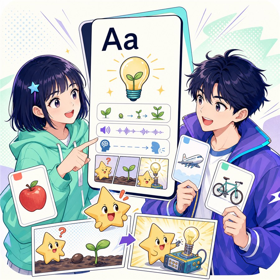 小漫和小星使用可视化词卡与漫画故事记忆单词
