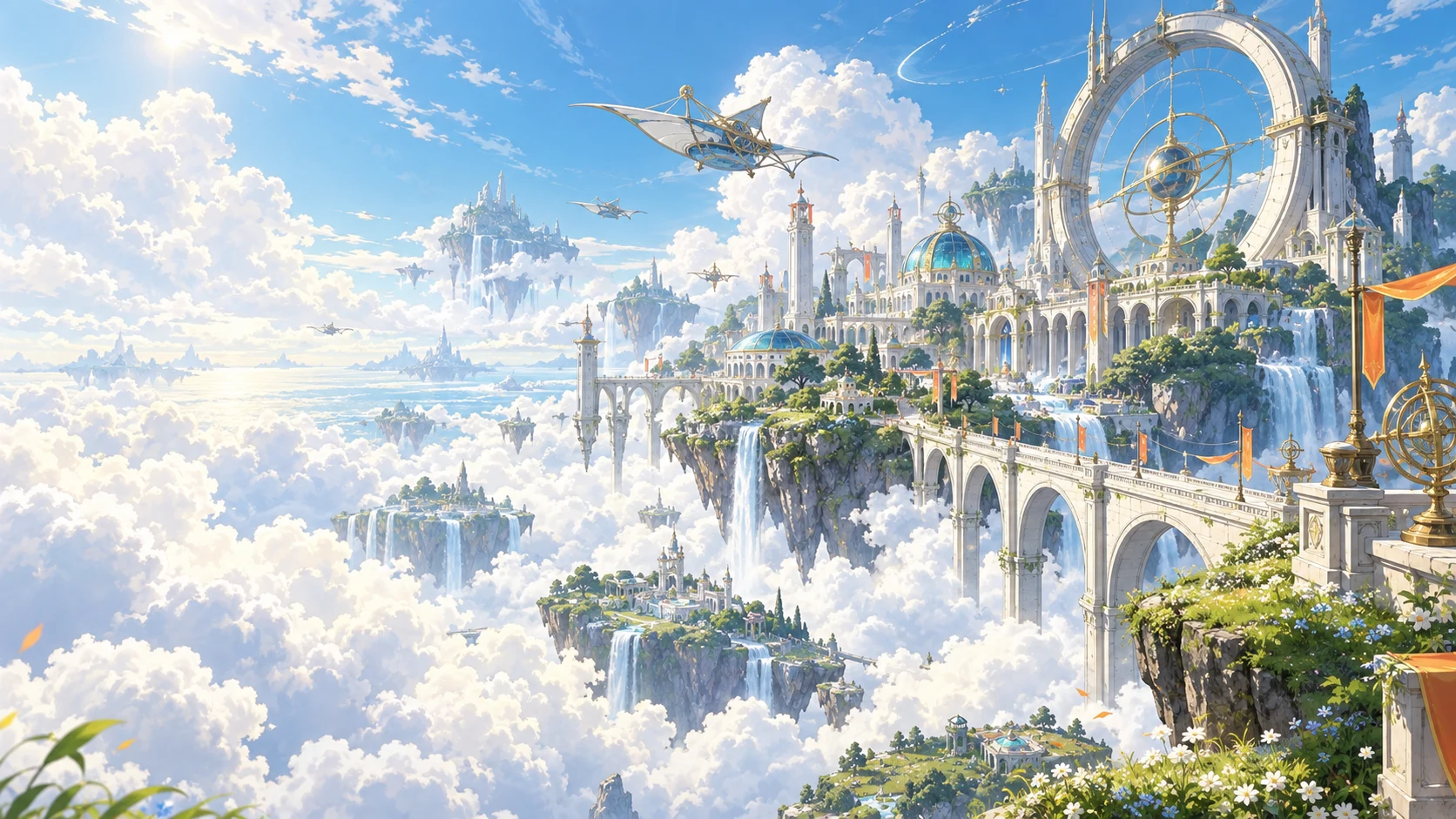 云海之上的漫记星知识学园,天文观测环与浮空岛屿